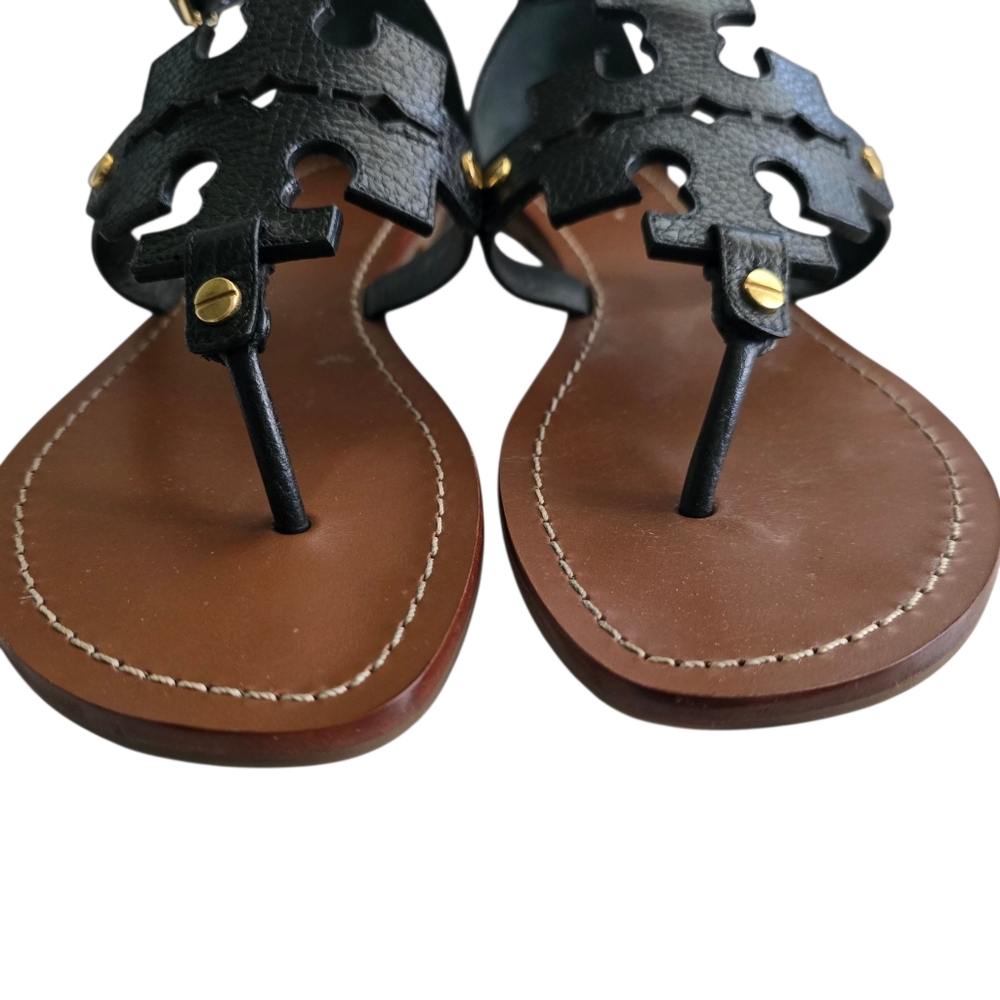 Tory Burch Black Leather T-Strap Sandals – Gold Logo Hardware – Size 8M - Picture 3 of 7